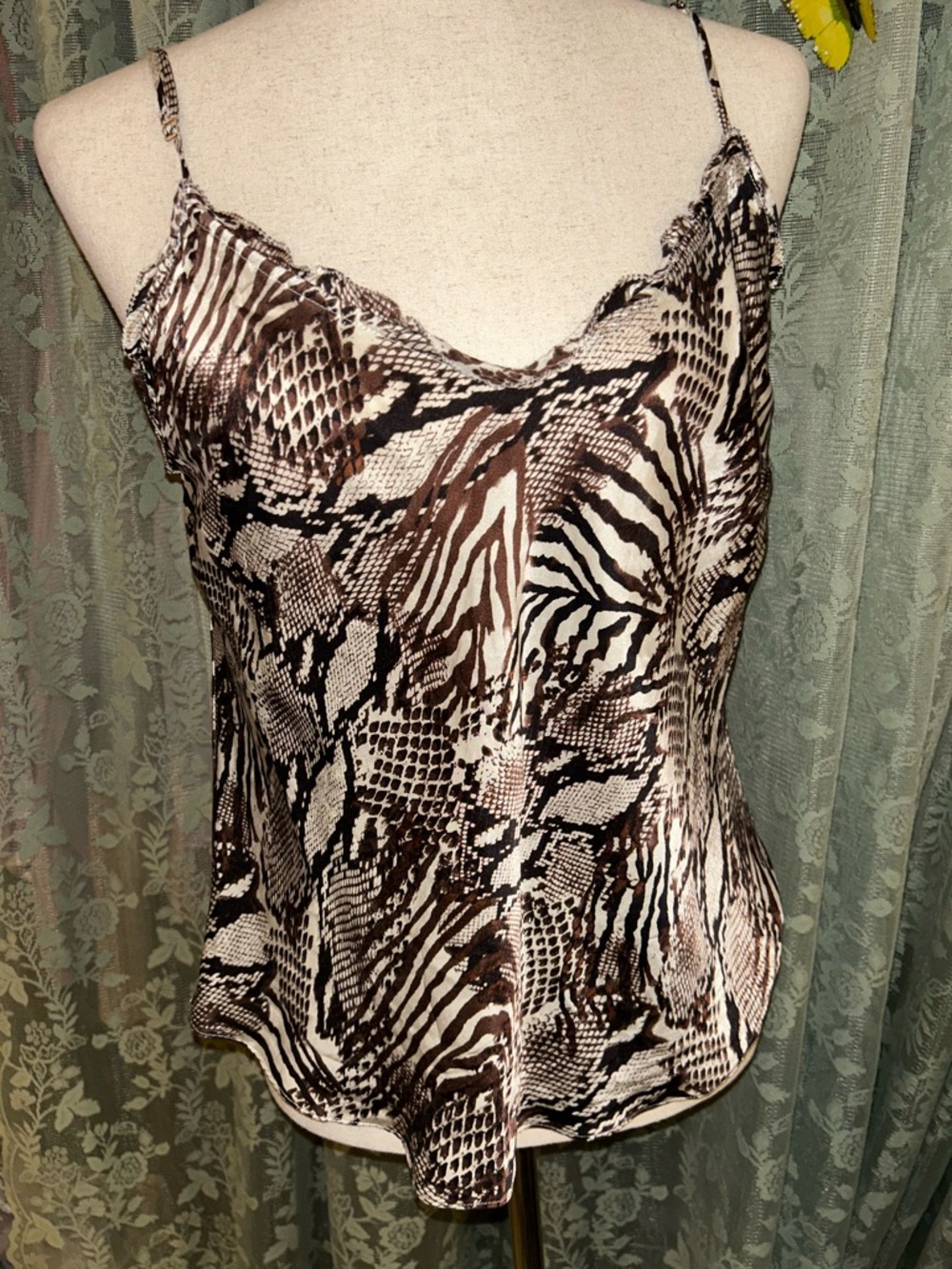 Aritzia 100% Silk Animal Print Cami Spaghetti Top - Brown & Cream